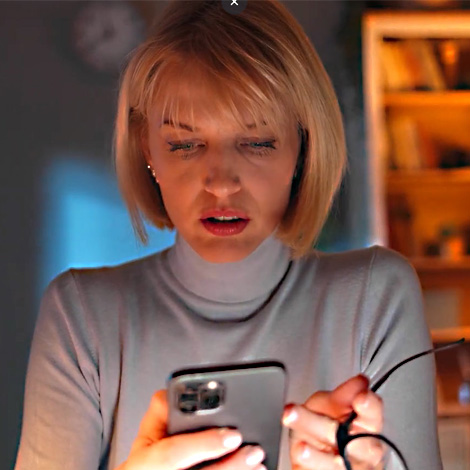 Mulher ao telemóvel consulta o assistente de Inteligência Artificial Ollie.